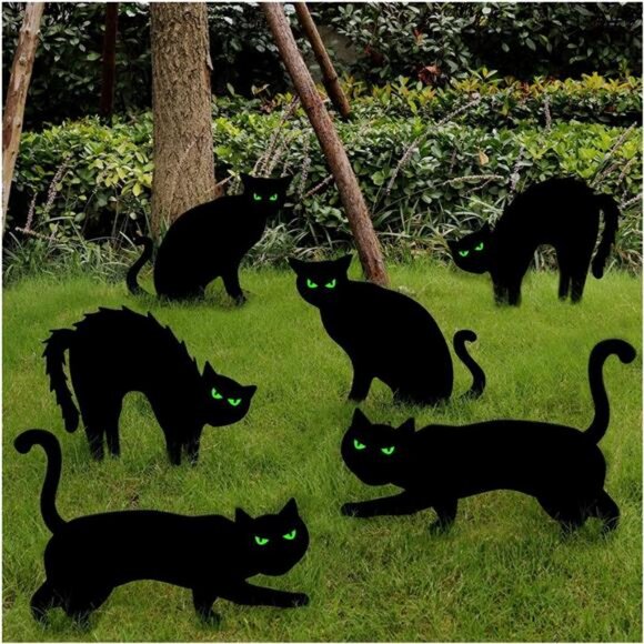 Halloween Decorations, 6ct Black Cat Decor Signs with Stakes, Scary Silhouette - Picture 1 of 8